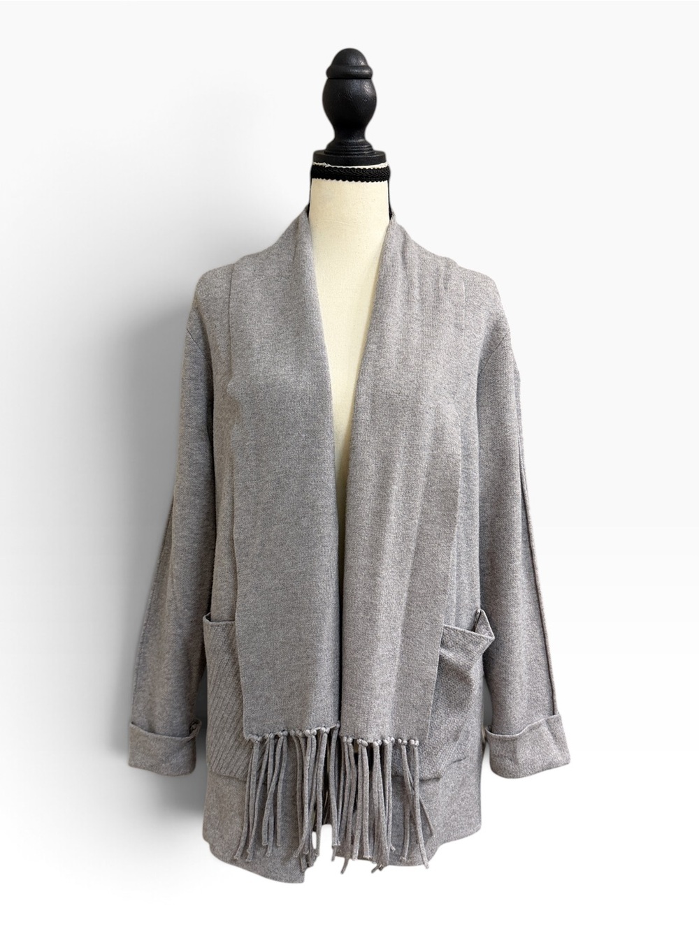 Magaschoni Heather Gray Open-Front Fringe Cardigan with Scarf Detail